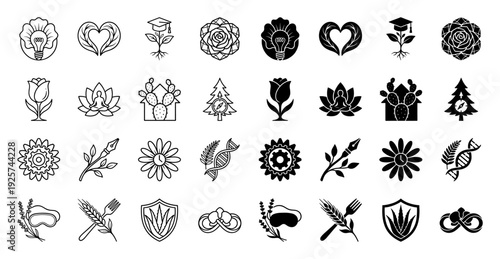 Hybrid nature and lifestyle icons combining organic floral elements with functional objects like lightbulb compass pen and DNA helix in outline and solid styles