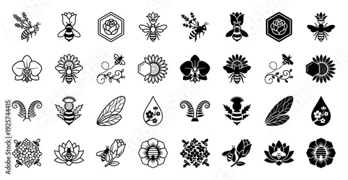 Minimalist hybrid bee and botanical emblem collection featuring honeybee silhouettes integrated with lavender orchid lotus and thistle floral elements