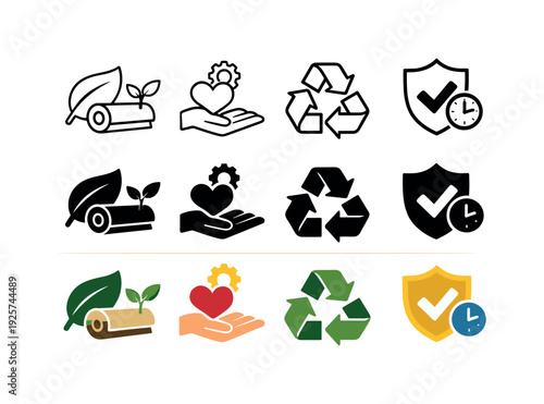 Icon object one for eco-friendly materials, icon object two for ethical production, icon object three for recycling practices,