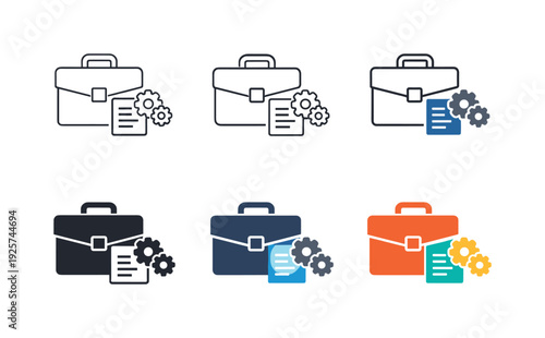 Business consulting concept depicting a clean briefcase paired with structured document and gear symbols that suggest skilled
