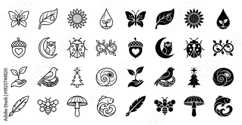Collection of organic nature hybrid icons featuring creative combinations of flora and fauna in linear and solid silhouette graphic styles