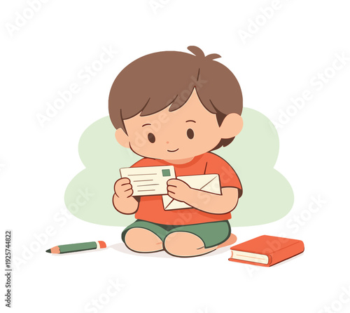 Gentle child studies an address card closely while holding an envelope as a pencil and book lie nearby. | child learning