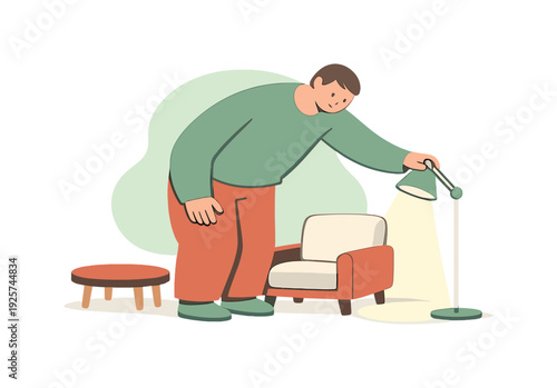 Calm person leans forward aligning a lamp straight as light pools gently beside a chair and low table. | adjusting lighting lamp,