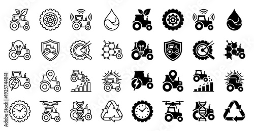 Hybrid smart agriculture icons merging tractor silhouettes with symbols for renewable energy genetics logistics and sustainable farming technology