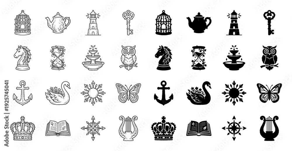 Naklejka premium Hand drawn hybrid icon collection featuring vintage objects merged with organic floral elements in both delicate line art and bold solid silhouette styles