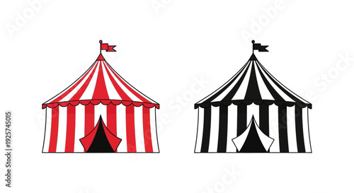 Two circus tents are illustrated one with red and white stripes the other black and white
