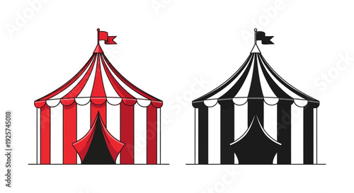 Two circus tents one red and white striped the other black and white striped