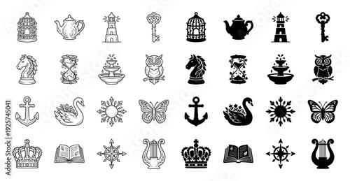 Hand drawn hybrid icon collection featuring vintage objects merged with organic floral elements in both delicate line art and bold solid silhouette styles