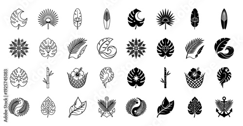 Monoline and solid hybrid tropical icons merging exotic flora with maritime elements and geometric symbols for modern branding and identity