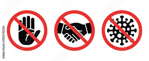 Handshake prohibition icon collection, COVID-19 warning and danger signs, vector symbols for pandemic safety, hygiene reminders, social distancing measures, and medical awareness designs.