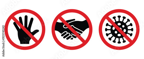 Stop handshake sign set, coronavirus illustration, danger symbol icons for social distancing, infection prevention, public health awareness campaigns, safety protocols, and healthcare signage.
