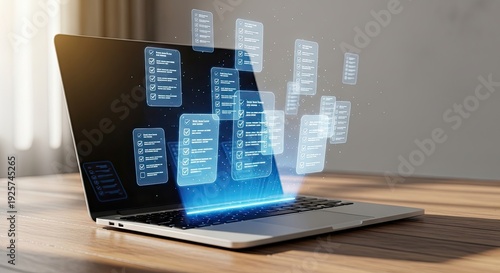 Digital Data Flowing from Laptop Screen into Futuristic Network.