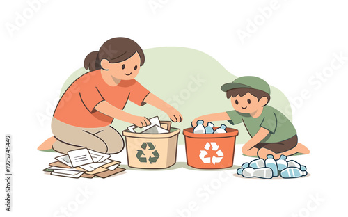 Soft family kneels together sorting paper and plastic waste, arms reaching toward bins while sorted piles grow evenly | family