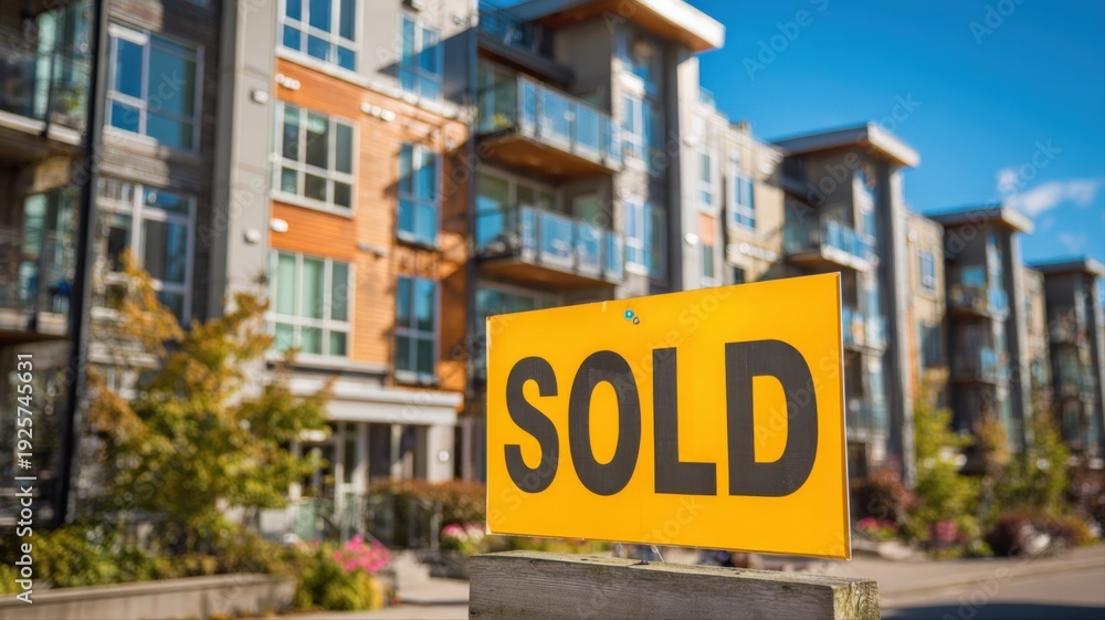 Obraz premium Residential Condo Unit Sold, Exterior View with Sold Sign on Sunny Day, Real Estate Concept