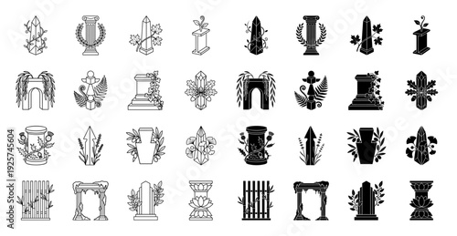 Set of hybrid architectural monuments and botanical elements combining classical pillars obelisks and arches with ivy ferns and floral vines