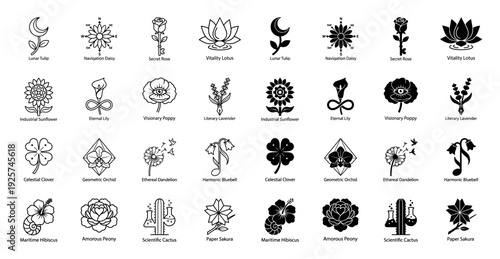 Collection of hybrid floral icons merging botanical elements with symbolic objects including compass daisy moon tulip and laboratory cactus
