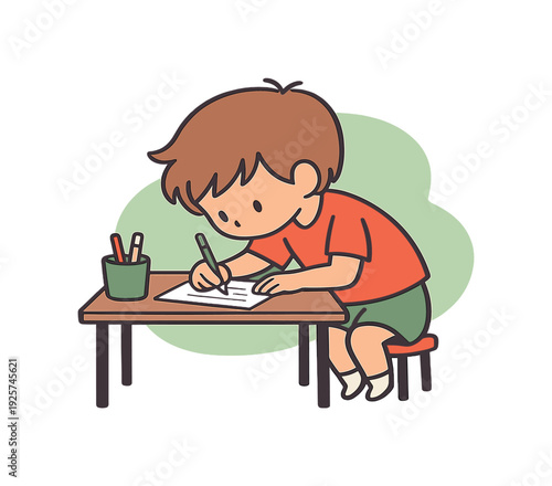 Child's Quiet Composure. Morning child writes a letter at a desk, leaning forward as lines form neatly and the room stays quiet |