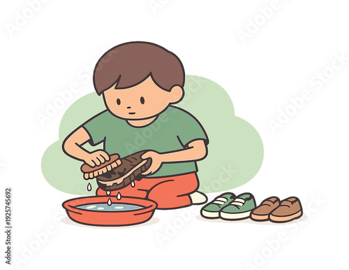 Quiet child cleans muddy shoes with a brush, scrubbing soles carefully as water drips and pairs rest nearby neatly. | cleaning