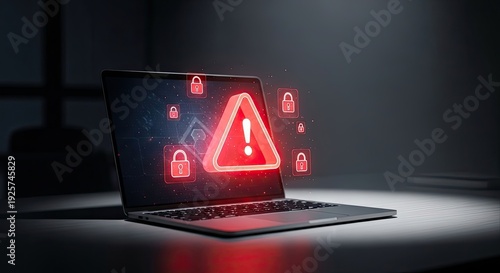Cybersecurity Warning Alert on Laptop Screen with Glowing Red Icons.