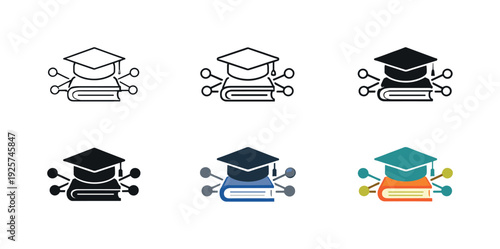 Technology-enhanced education icon showing a graduation cap, book, and connected digital nodes, representing smart education,