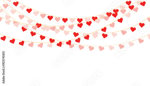 Red heart garland border on white background