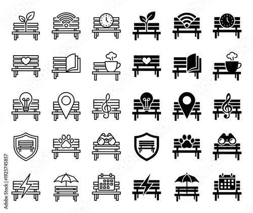 Collection of minimalist park bench icons merging urban seating with functional symbols including nature weather music connectivity and pet friendly concepts