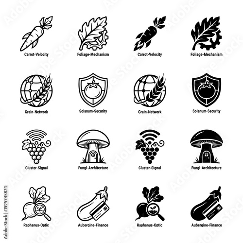 Collection of minimalist hybrid agricultural icons merging organic vegetables and plants with industrial technology and financial symbols in outline and solid styles