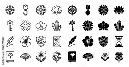 Collection of botanical hybrid icons featuring a rose compass lily key and hibiscus quill in both line art and solid silhouette styles for elegant branding