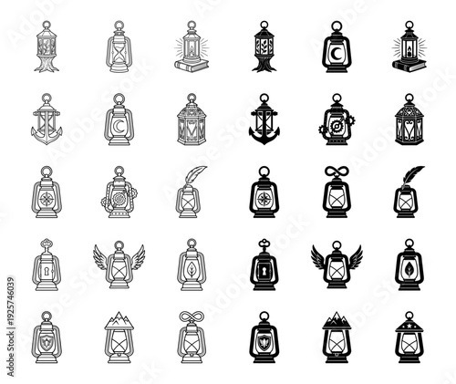 Collection of hybrid lantern icons merging vintage lamp silhouettes with symbolic elements like anchor moon mountain gears and nature motifs in outline and solid styles