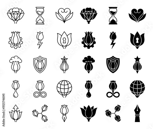Collection of hybrid poppy pod and floral icons merging botanical elements with symbolic shapes like hourglass globe shield gear and fountain pen nib