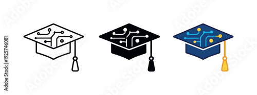 Intelligent learning concept shown as a graduation cap with embedded circuit pathways and a centered tassel clearly visible as