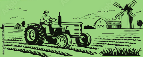 paddy field art tractor driving farming person