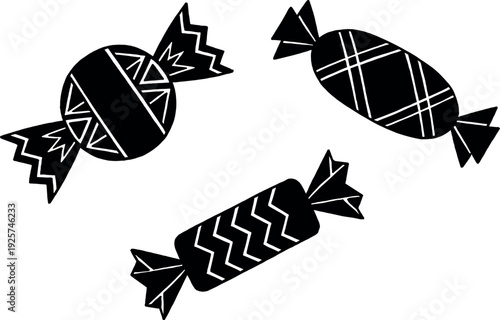 Black silhouette of sweet candy icons with patterns isolated on white background for birthday party celebration dessert shop and holiday food design