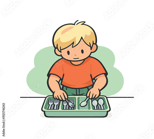 Sunny child sorts forks and spoons into a tray, hands moving carefully as metal pieces line up neatly on a clean table. | sorting
