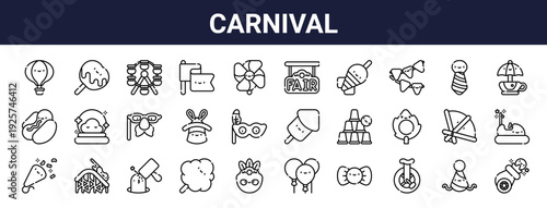 Set of 30 thin line carnival and amusement park icons including hot air balloon, cotton candy, mask, flag, ferris wheel. Vector outline illustration