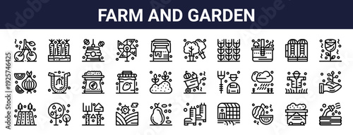 Set of 30 thin line farm and garden icons including cherries, pear, farmer, scarecrow, wheat, vegetables. Outline vector illustration for web and digital projects