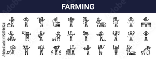 Set of 30 thin line farming and agriculture icons including fertilizer, watering can, shepherd, tools, equipment. Vector illustration with editable stroke