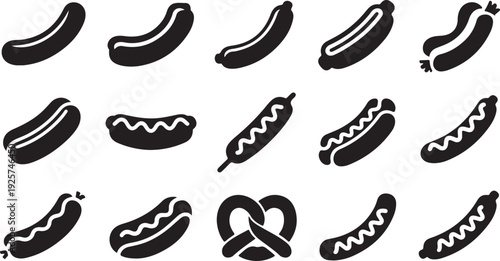 Fifteen black hot dog and pretzel in a grid on a white background