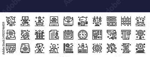 set of 30 thin line web icons. including world, banker, bar chart, laptop, atm hine, atm icons. vector illustration