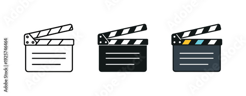 Contemporary leisure symbol shown as a movie clapperboard with hinged top and striped slate clearly visible, identical silhouette
