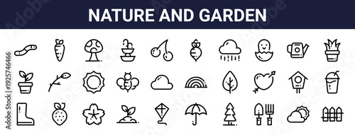 Set of 30 thin line nature and garden icons including earthworm, sprout, kite, fountain, leaf, bird house. Outline vector illustration for web