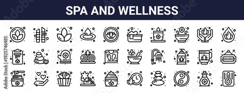 Set of 30 thin line spa wellness icons including lotus, towel, cream, drop, shower, drink. Outline vector illustration for web and mobile