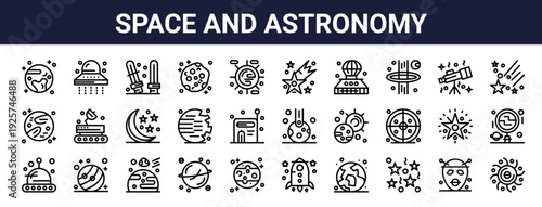 Set of 30 thin line space and astronomy icons including planet, jupiter, pluto, asteroid, eclipse, star, galaxy. Vector outline illustration for web and app design