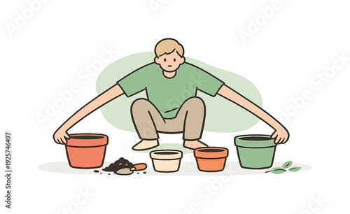Light person arranges garden pots on the patio, spacing planters evenly while soil smudges and leaves sit nearby todaynow. |