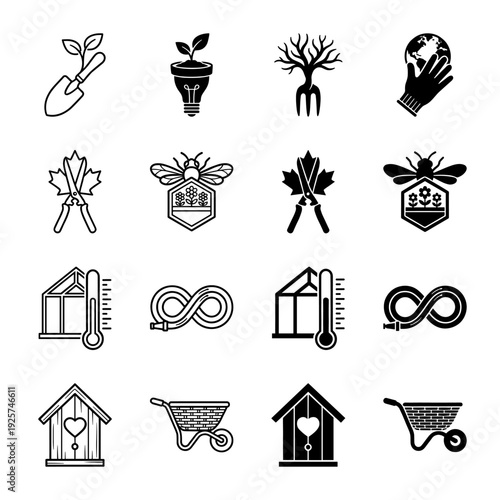 Sustainable gardening and eco friendly agriculture icons featuring hybrid concepts like a lightbulb planter garden shears with leaves and infinity hose