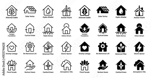 Sustainable architectural icons merging residential home outlines with organic elements like leaves roots and wind turbines in linear and solid styles