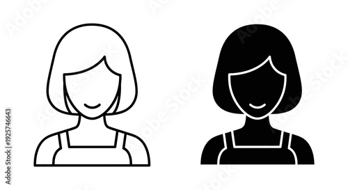 Two black and white icons depicting a woman s face with short hair