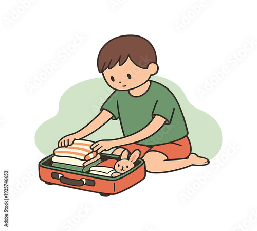 Quiet child packs a small suitcase on the floor, clothes folded neatly, toy peeking out, focused hands arranging items. | packing