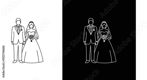 Line art depictions of a bride and groom presented in positive and negative formats