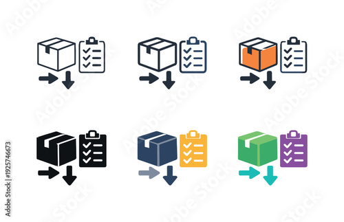 Efficient Fulfillment Icons. Warehouse order handling symbol presenting a box, checklist, and movement indicators arranged